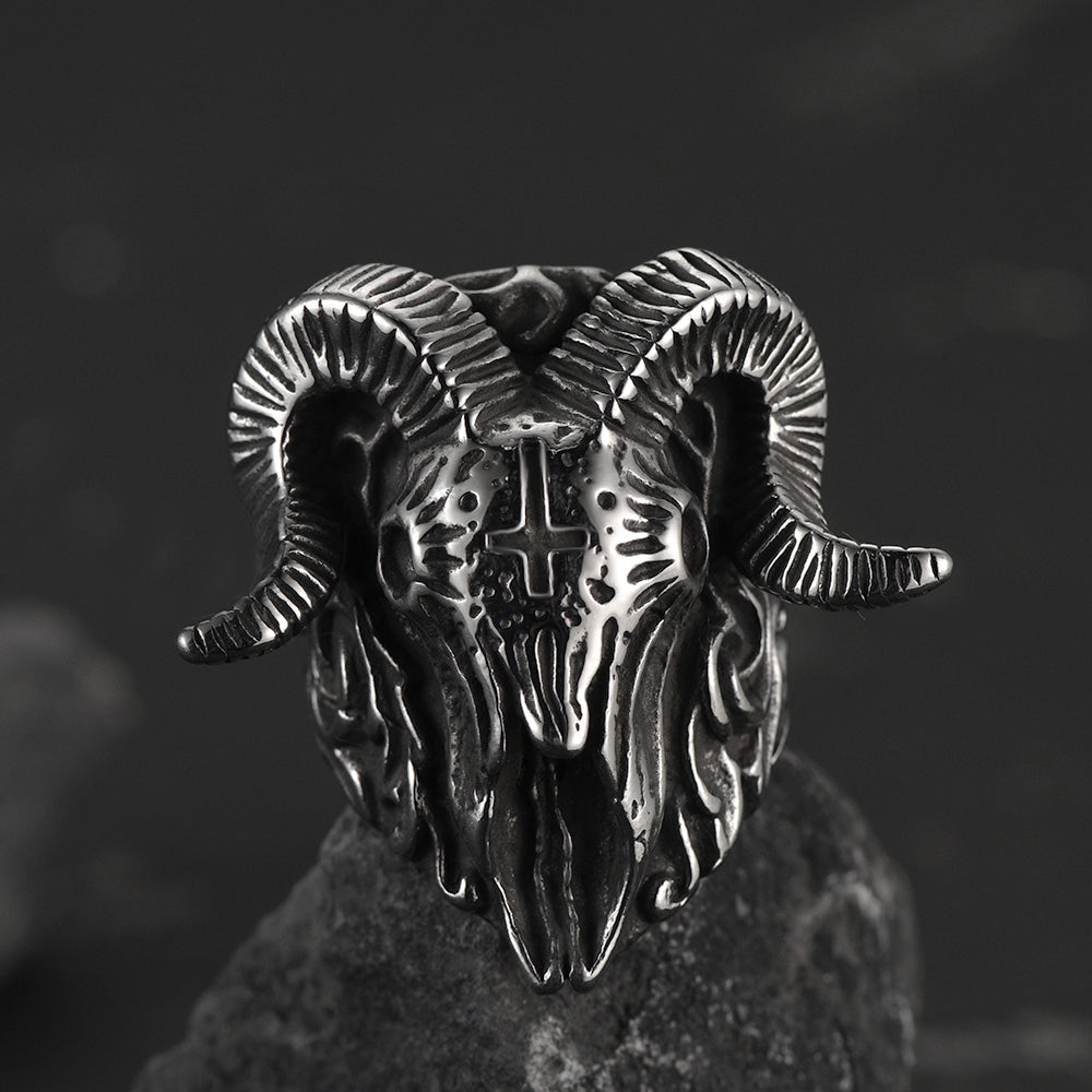 Gothic Society Stainless Steel Satan Baphomet Goat Ring for Men