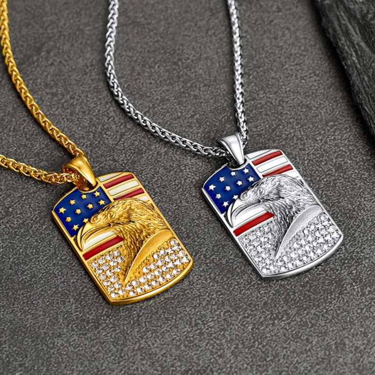 Engraved American Flag Eagle Dog Tag Necklace for Men Women
