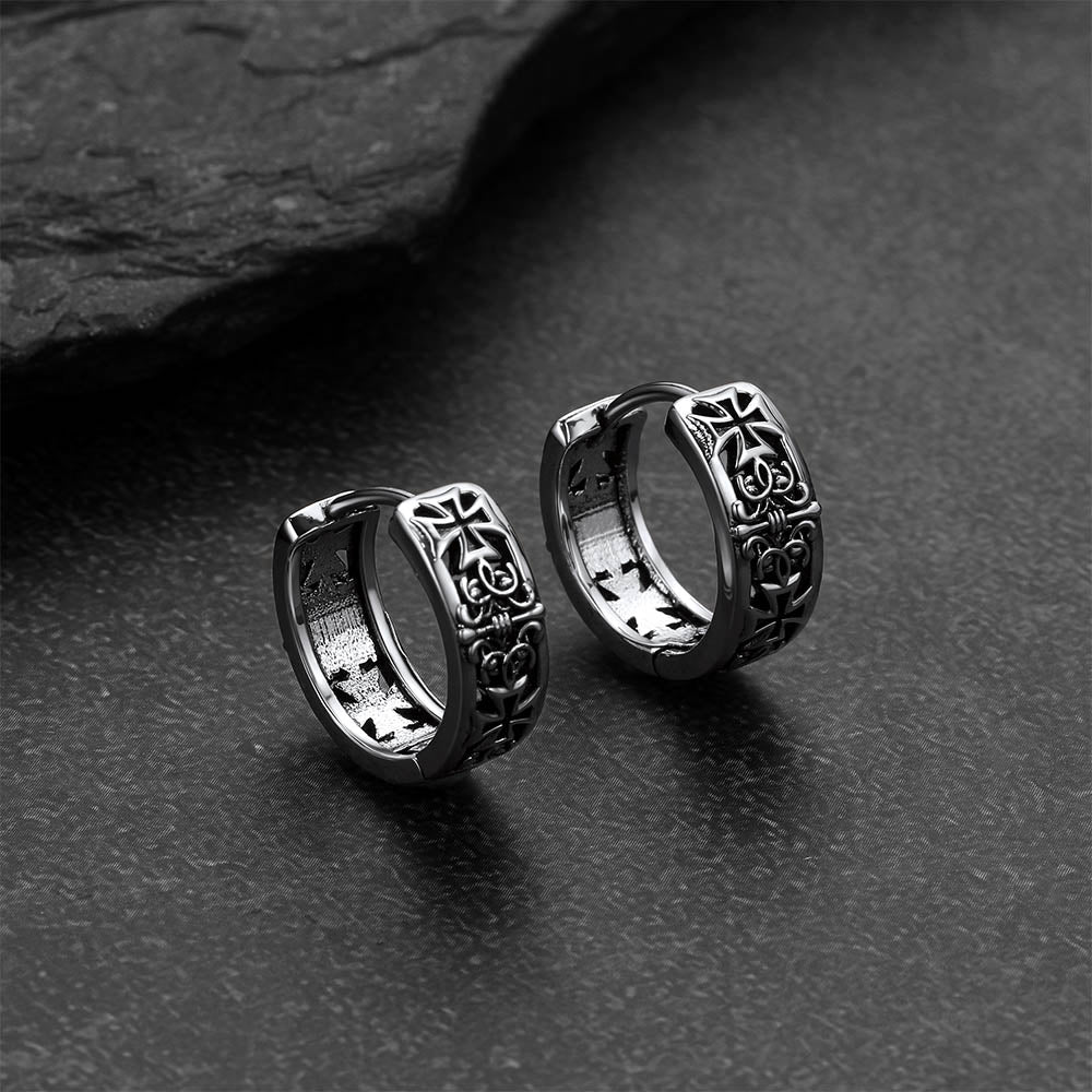 Antique-Finish Iron Cross Motif Hoop Earrings for Men Husband Gift