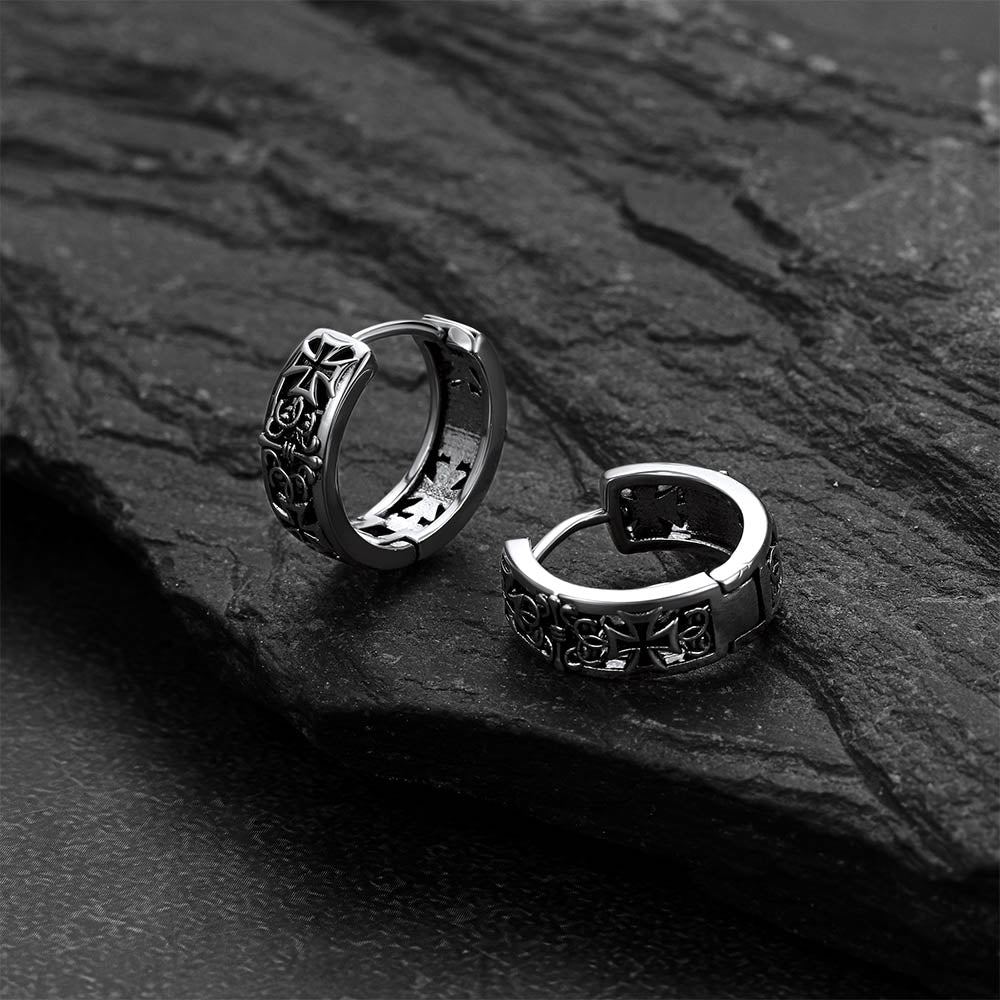 Antique-Finish Iron Cross Motif Hoop Earrings for Men Husband Gift