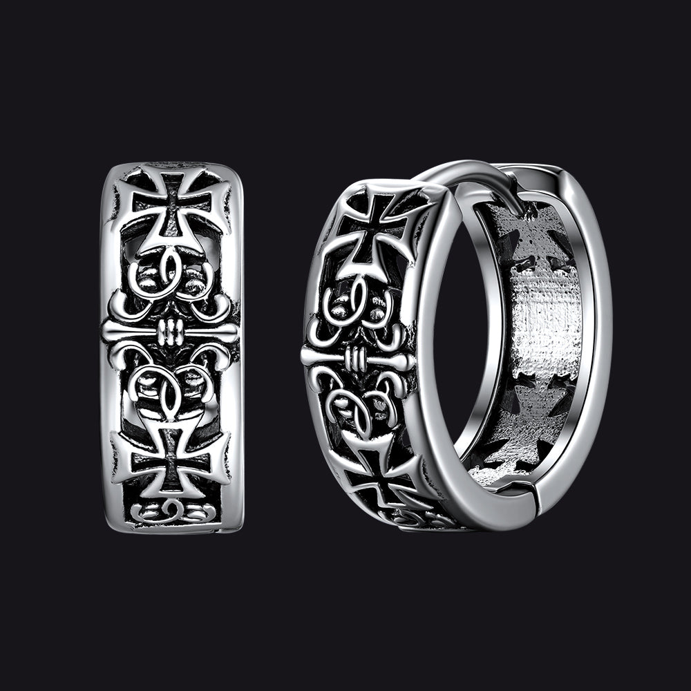 Antique-Finish Iron Cross Motif Hoop Earrings for Men Husband Gift