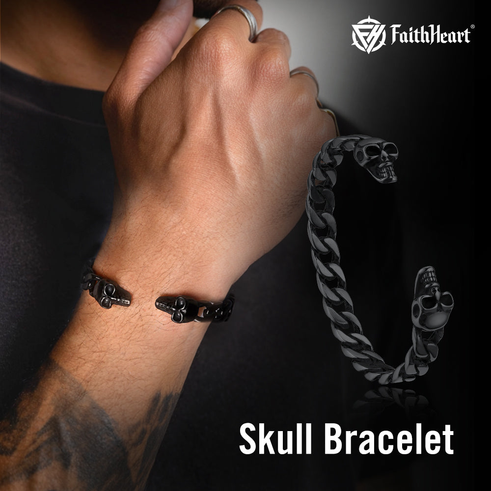 Halloween Gothic Skull Skeleton Head Cuban Chain Bracelet Cuff for Men