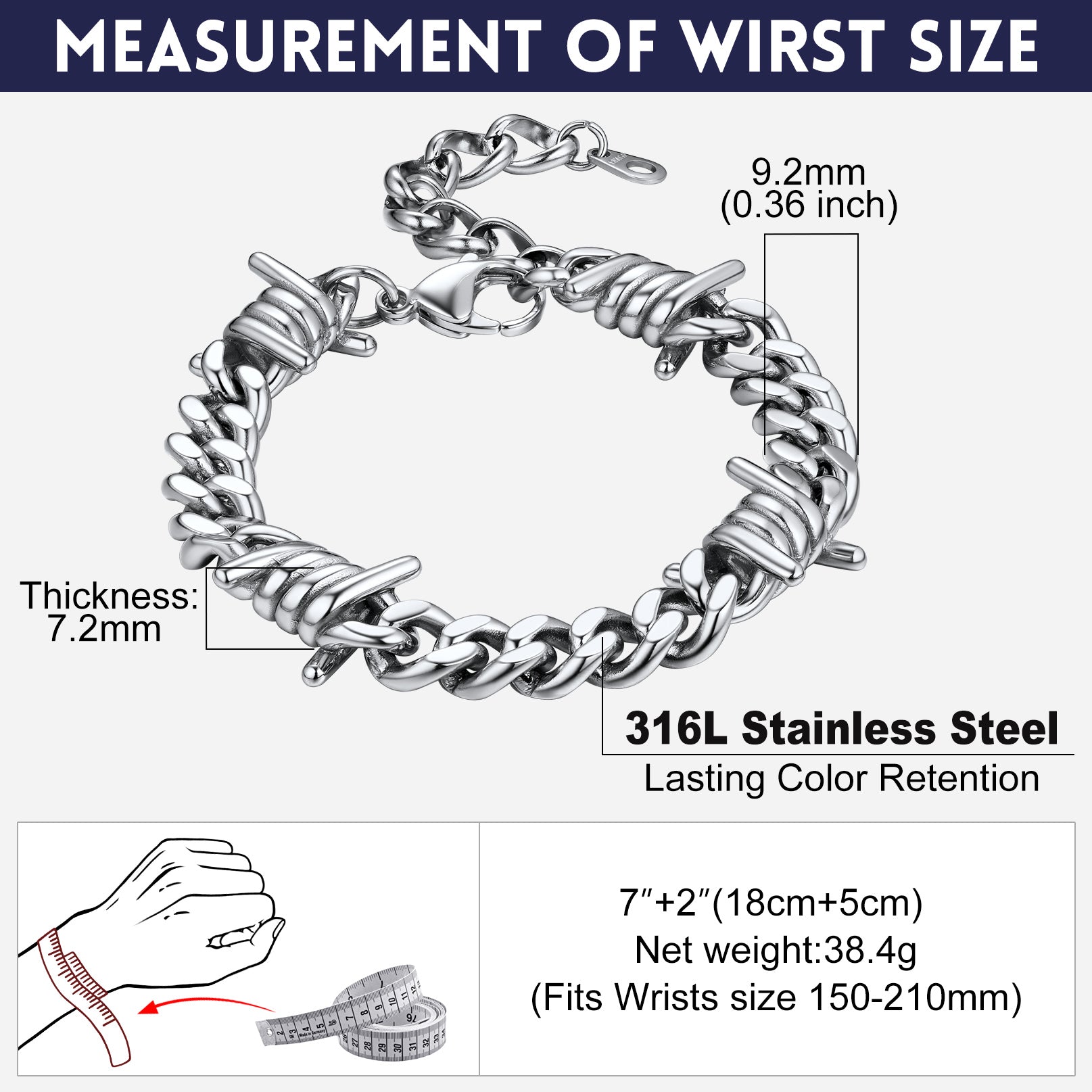 Barbed Wire Cuban Link Bracelet for Men in Stainless Steel