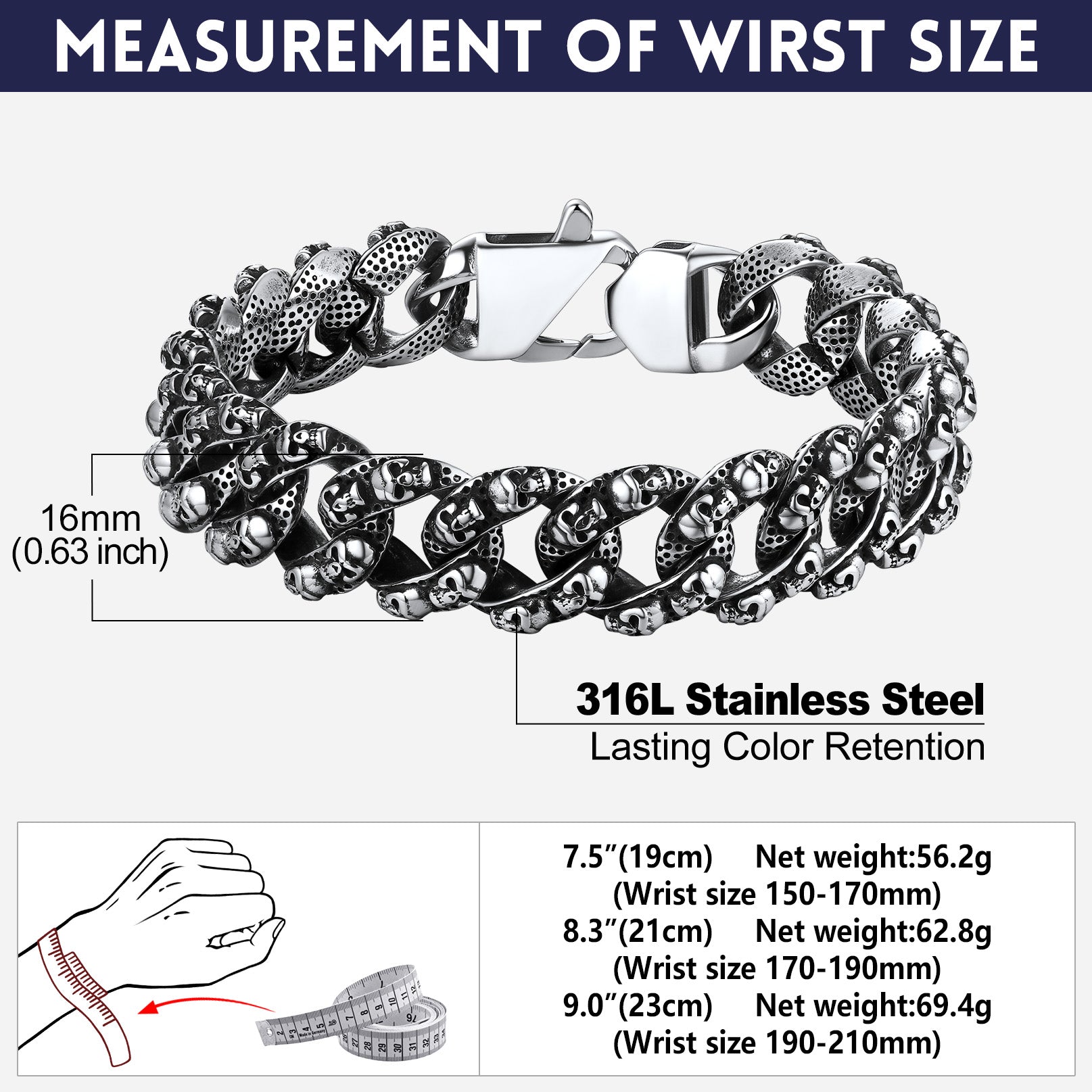 Chunky Heavy Skull Cuban Link Chain Bracelet for Men, 16MM Width