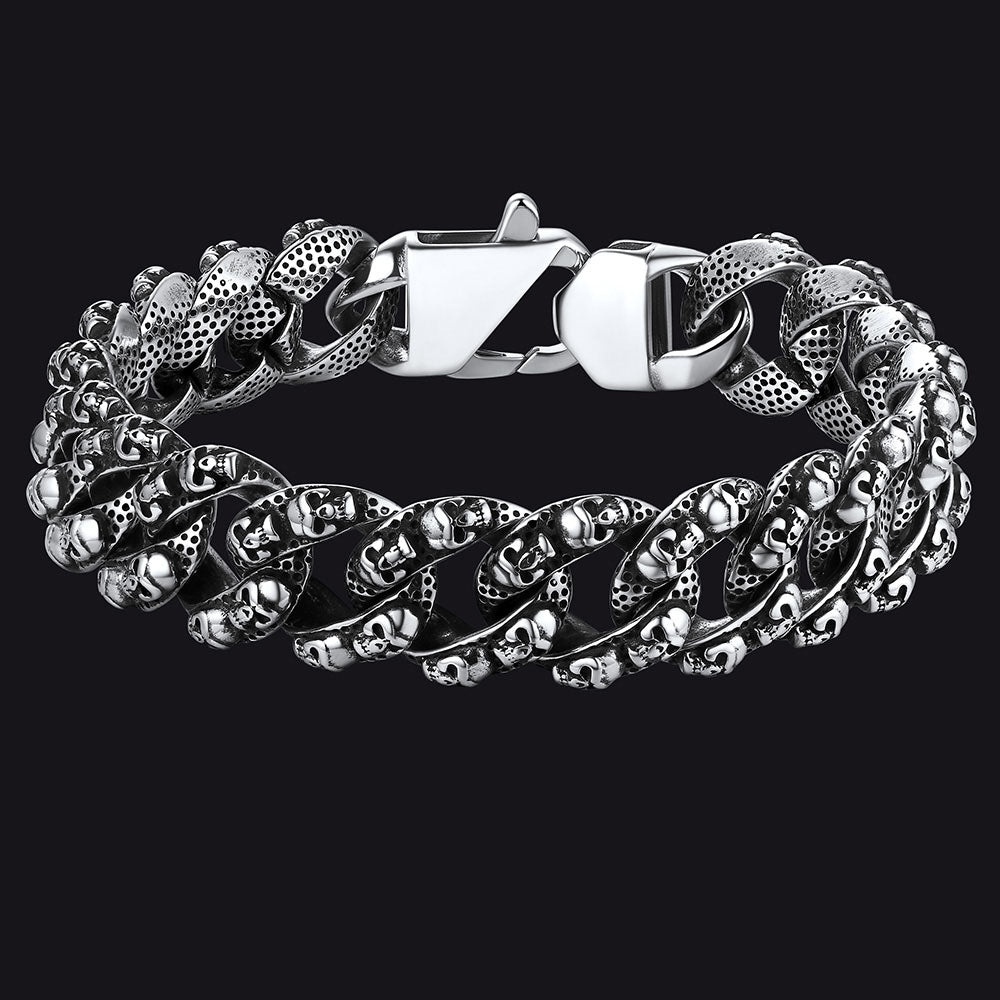 Chunky Heavy Skull Cuban Link Chain Bracelet for Men, 16MM Width