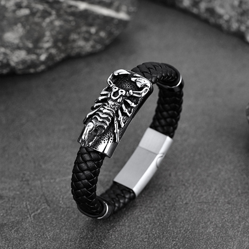 Punk Scorpion Black Braided Leather Bracelet Bangle Gift for Men Son Grandson
