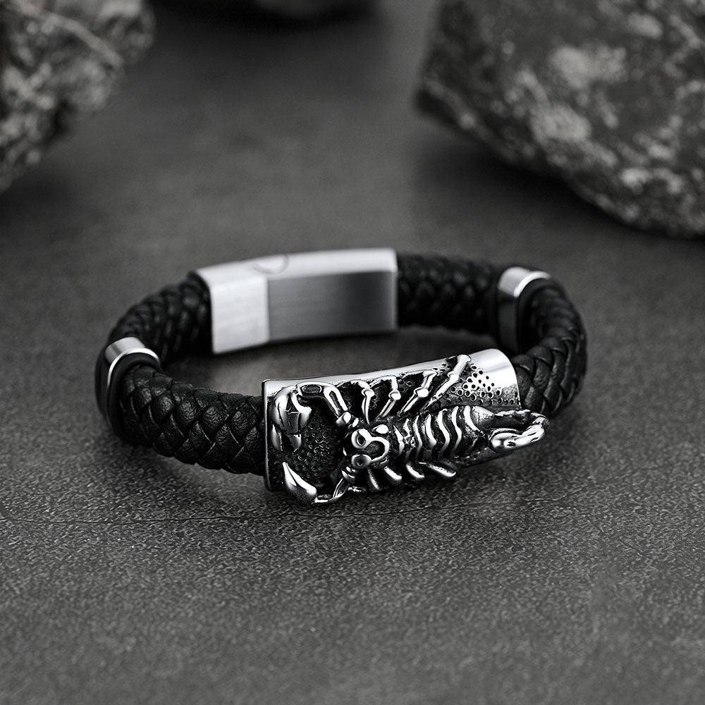 Punk Scorpion Black Braided Leather Bracelet Bangle Gift for Men Son Grandson
