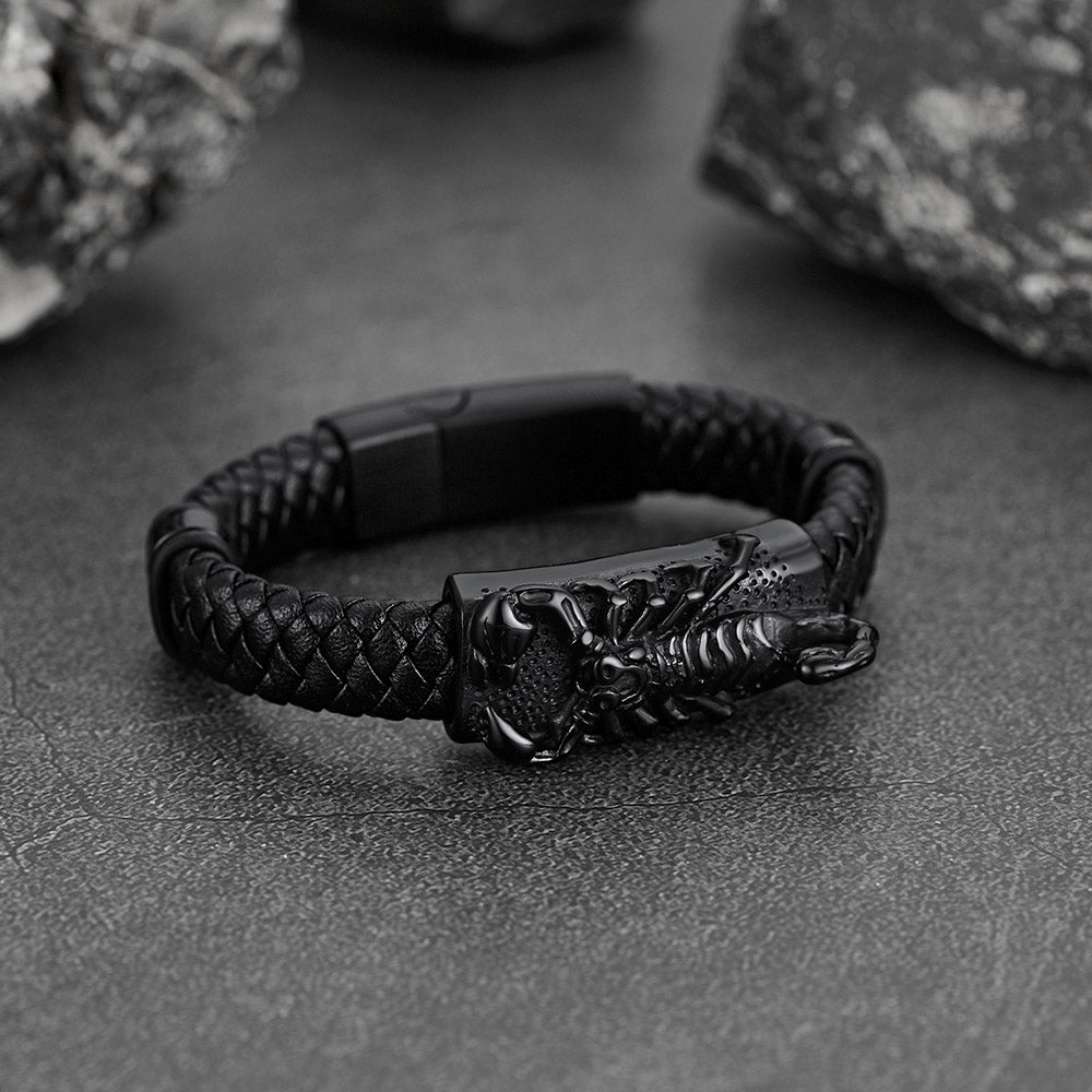 Punk Scorpion Black Braided Leather Bracelet Bangle Gift for Men Son Grandson