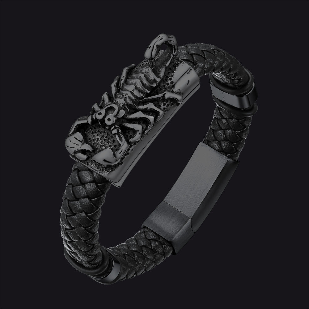 Punk Scorpion Black Braided Leather Bracelet Bangle Gift for Men Son Grandson