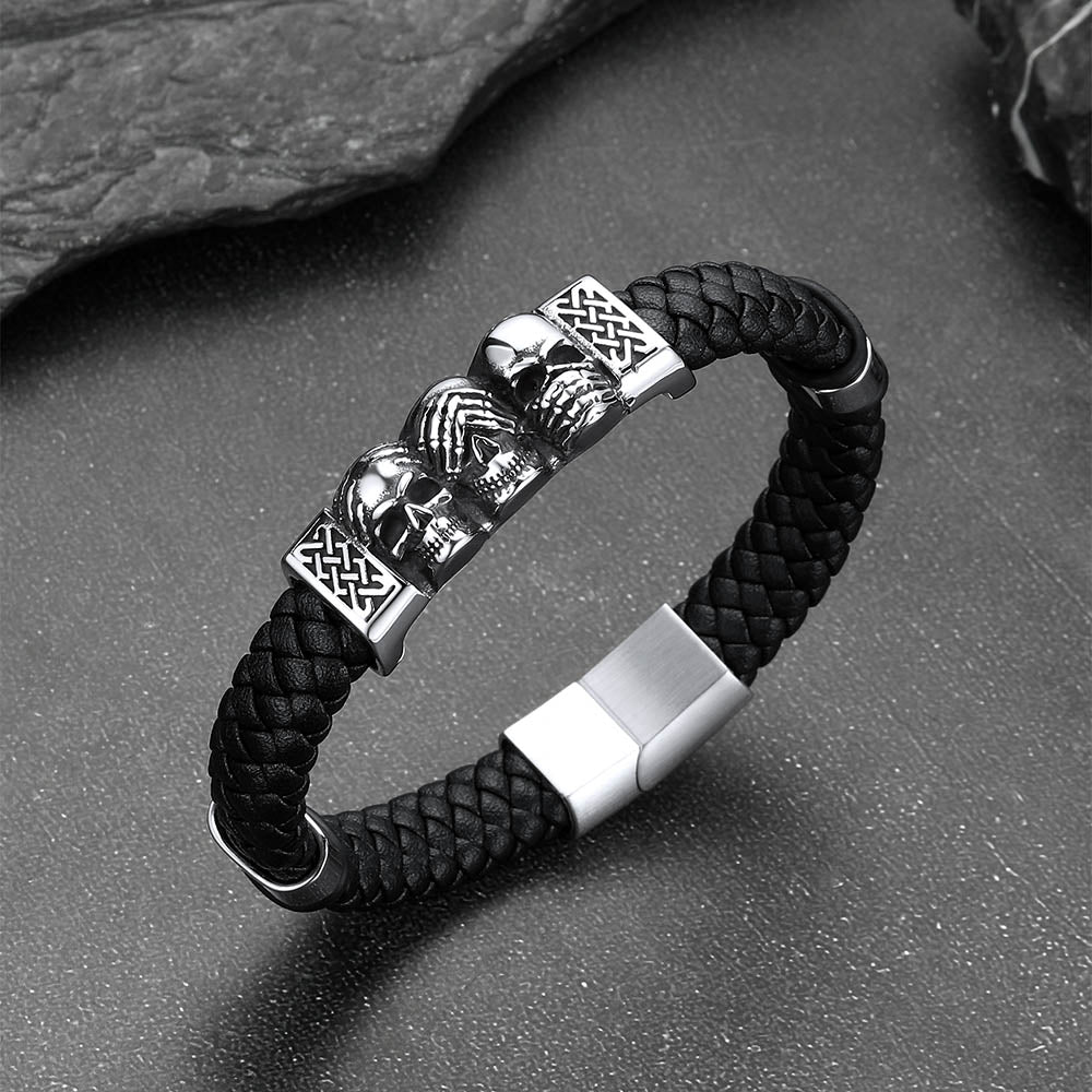 Gothic 3 Skull Braided Leather Bracelet Gift For Men Father Son Grandson