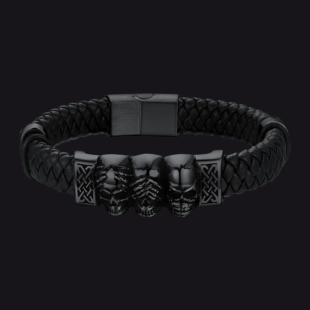 Gothic 3 Skull Braided Leather Bracelet Gift For Men Father Son Grandson