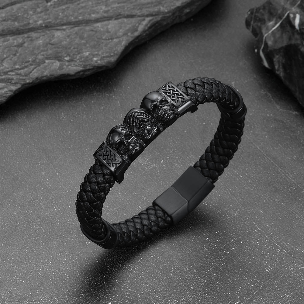 Gothic 3 Skull Braided Leather Bracelet Gift For Men Father Son Grandson
