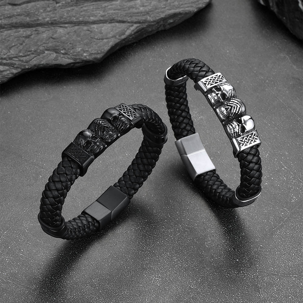 Gothic 3 Skull Braided Leather Bracelet Gift For Men Father Son Grandson