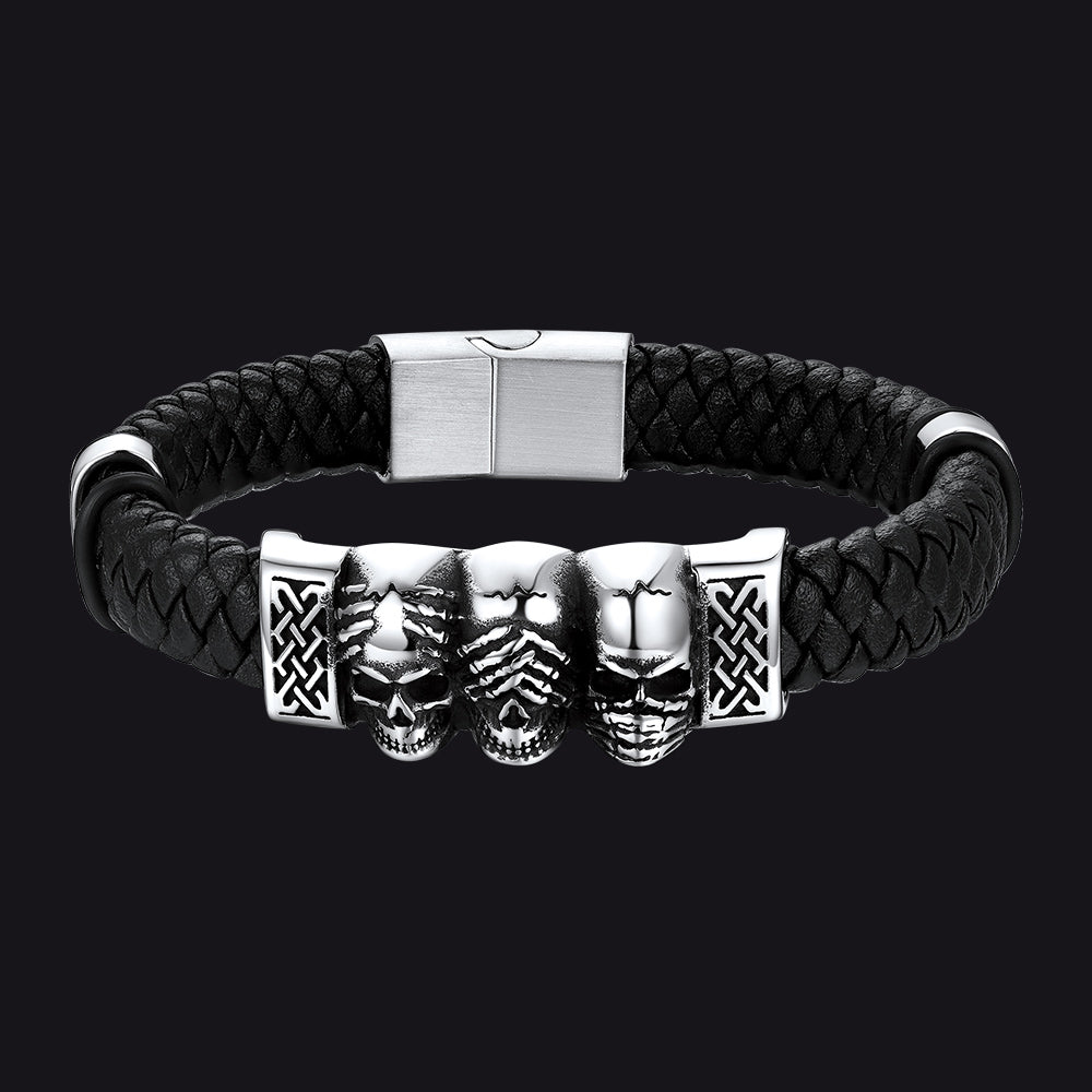Gothic 3 Skull Braided Leather Bracelet Gift For Men Father Son Grandson