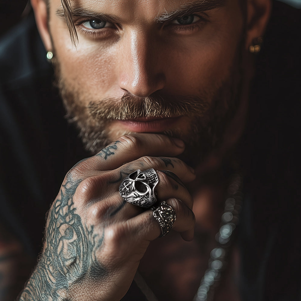 Gothic Punk Cross Sugar Skull Stainless Steel Ring for Men