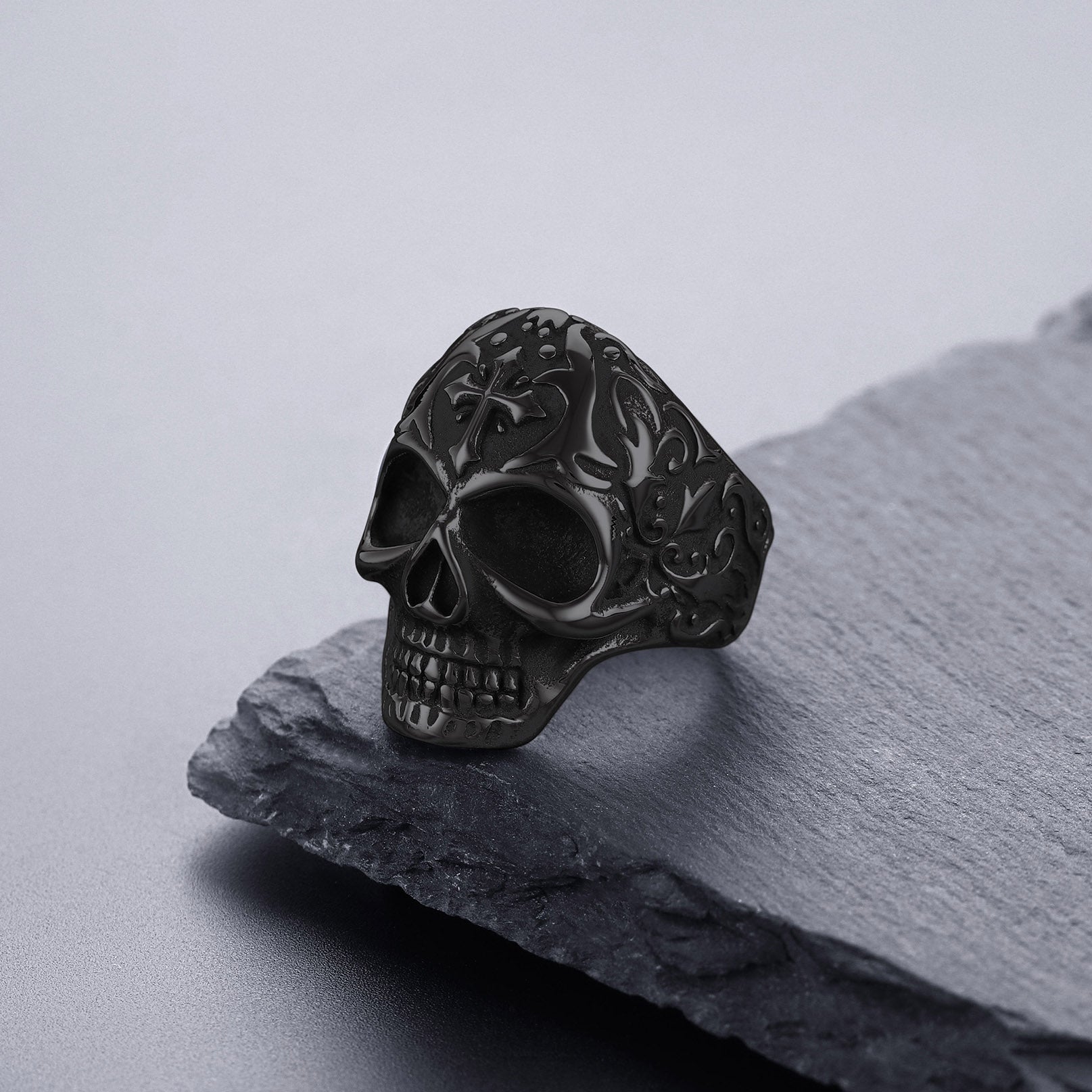 Gothic Punk Cross Sugar Skull Stainless Steel Ring for Men