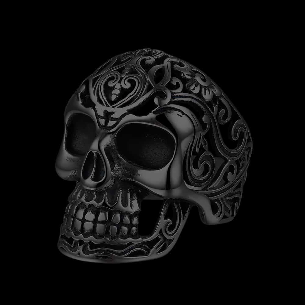 Gothic Black Onyx Signet Ring with Skull for Men