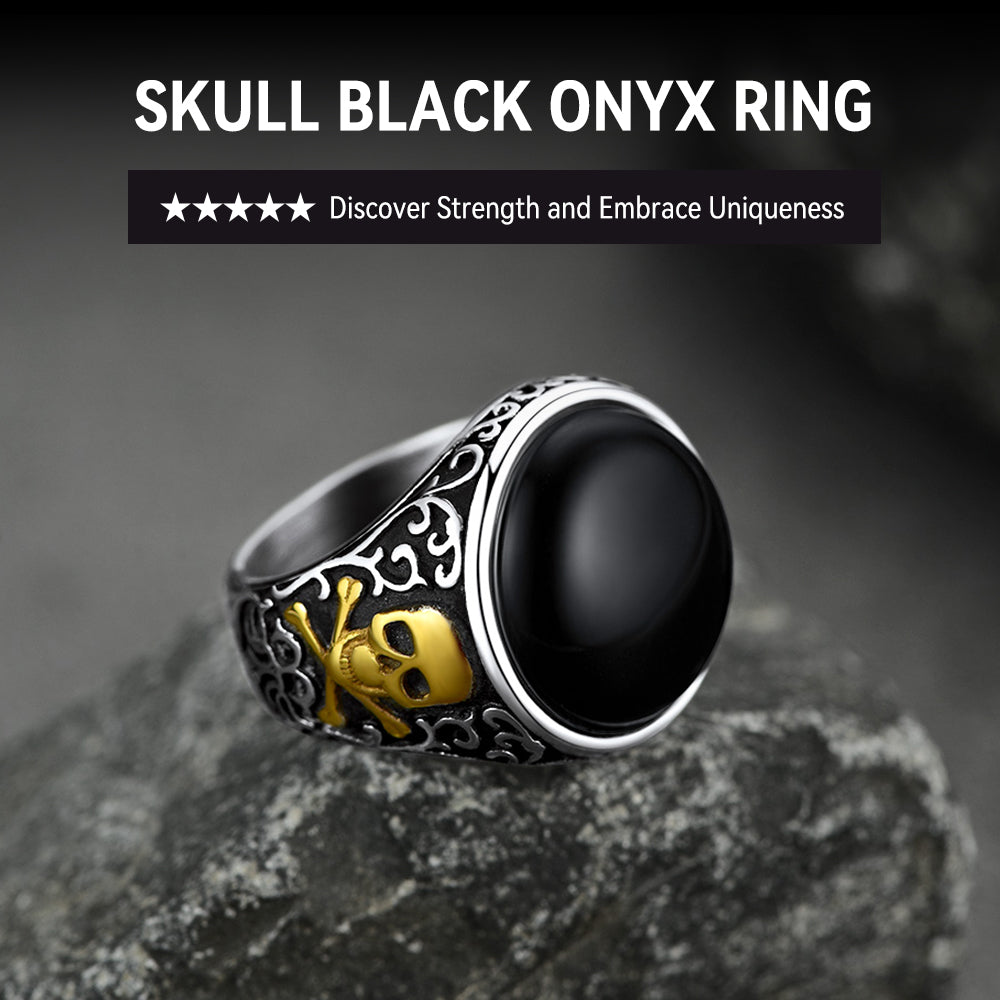 Black Onyx Skull Signet Ring & Graffiti Joker Star Earring Jewelry Set For Men