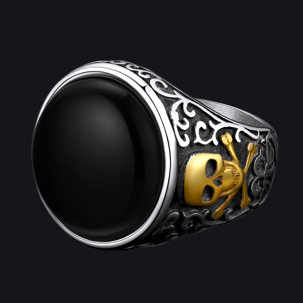 Gothic Black Onyx Signet Ring with Skull for Men
