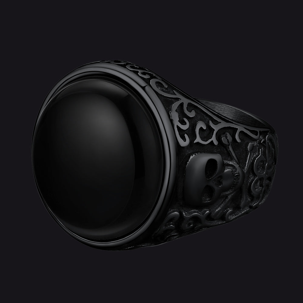 Gothic Black Onyx Signet Ring with Skull for Men