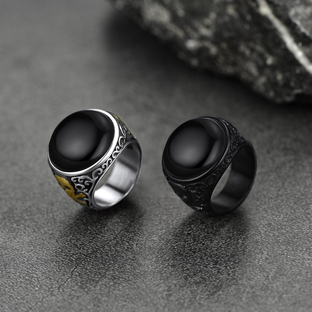 Gothic Black Onyx Signet Ring with Skull for Men