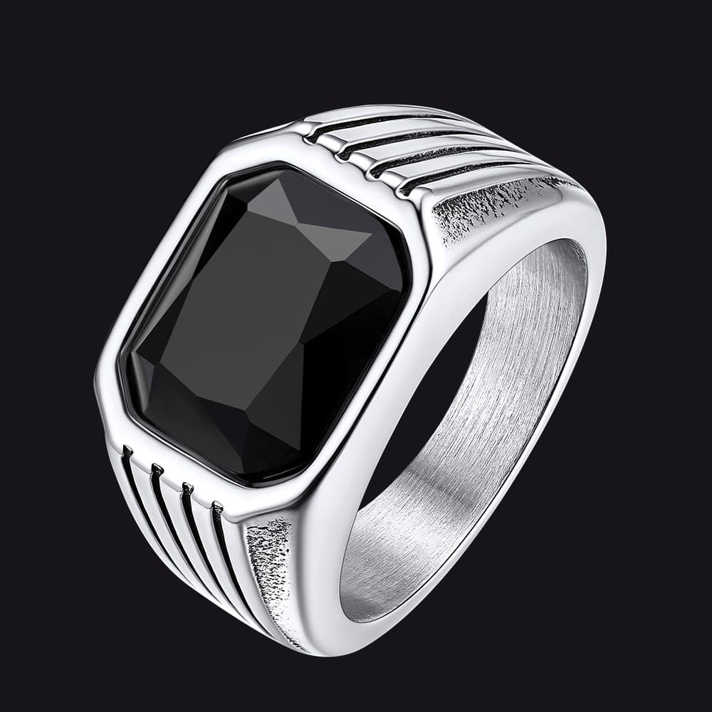 Stainless Steel Striped Stone Ring for Men, Size 7-14