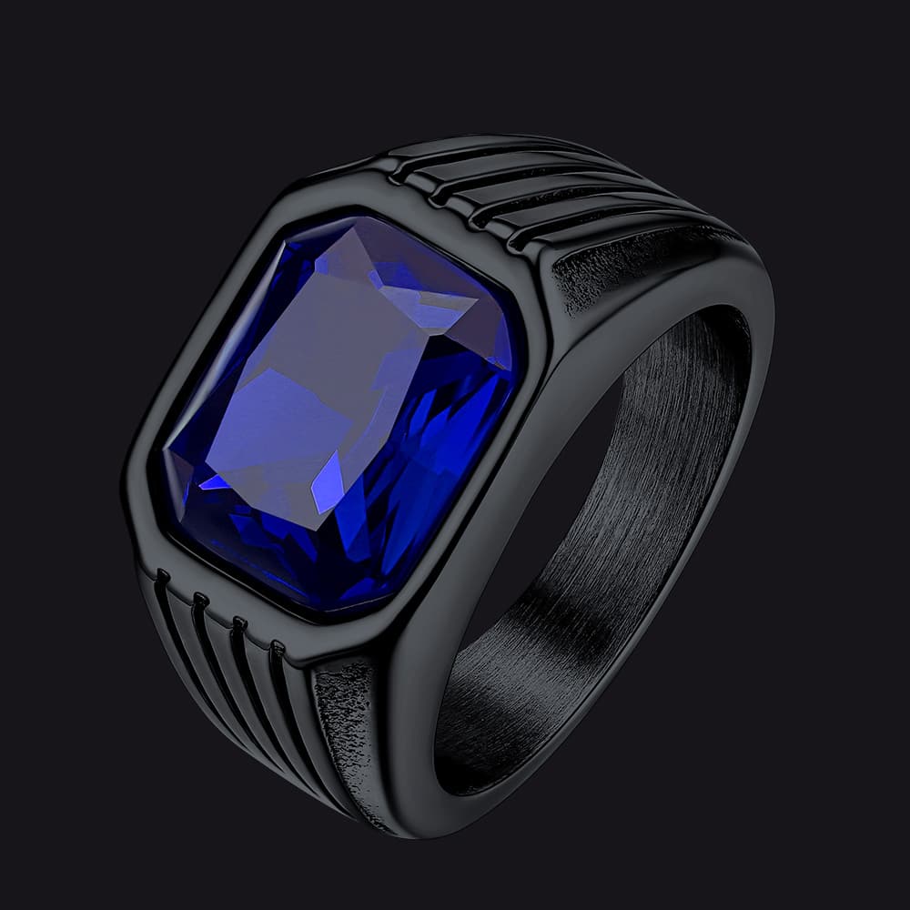 Stainless Steel Striped Stone Ring for Men, Size 7-14