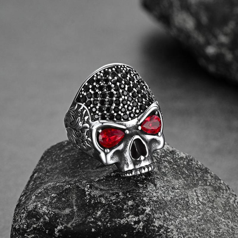 Biker Red Eye Skull Ring for Men in Stainless Steel