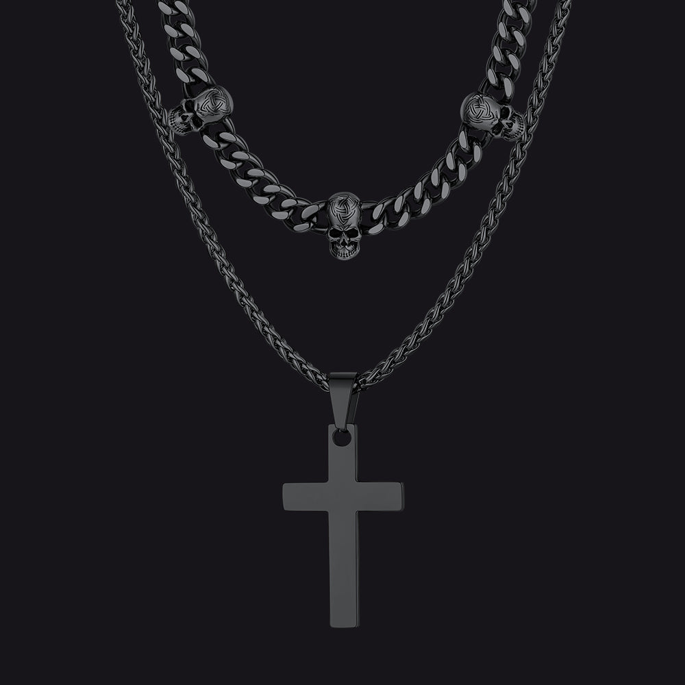 Gothic Skull Cuban Chain & Cross Layered Pendant Set for Men