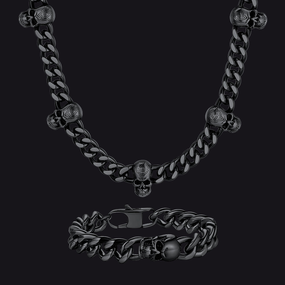 Gothic Skull Cuban Link Choker Chain & Bracelet Jewelry Set for Men