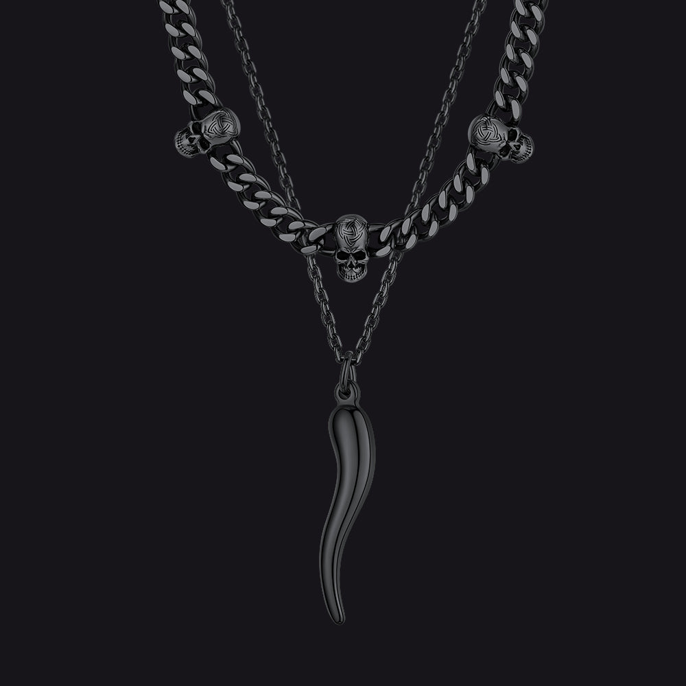 Gothic Skull Cuban Chain & Cornicello Italian Horn Layered Pendant Set for Men