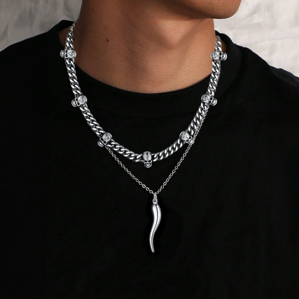 Gothic Skull Cuban Chain & Cornicello Italian Horn Layered Pendant Set for Men