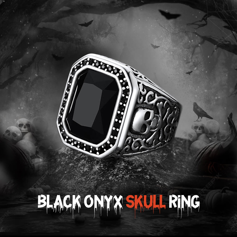 Gothic Skull Black Onyx Stone Signet Ring for Men