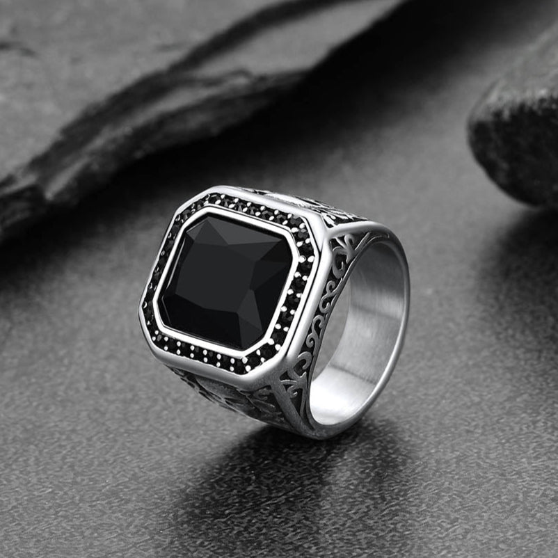 Gothic Skull Black Onyx Stone Signet Ring for Men
