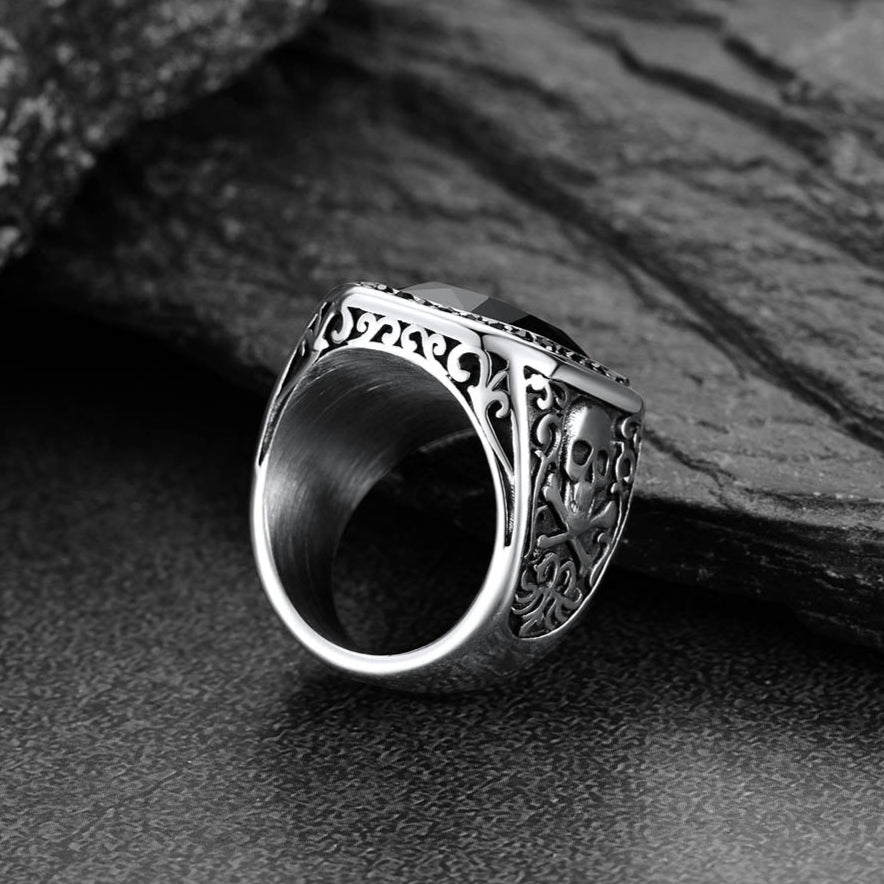 Gothic Skull Black Onyx Stone Signet Ring for Men