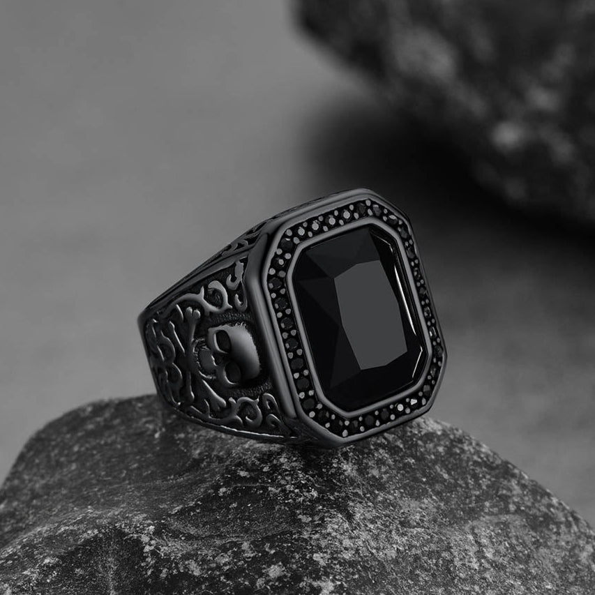 Gothic Skull Black Onyx Stone Signet Ring for Men