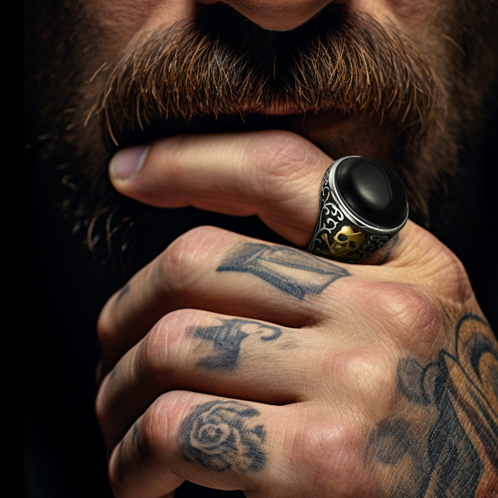 Gothic Black Onyx Signet Ring with Skull for Men