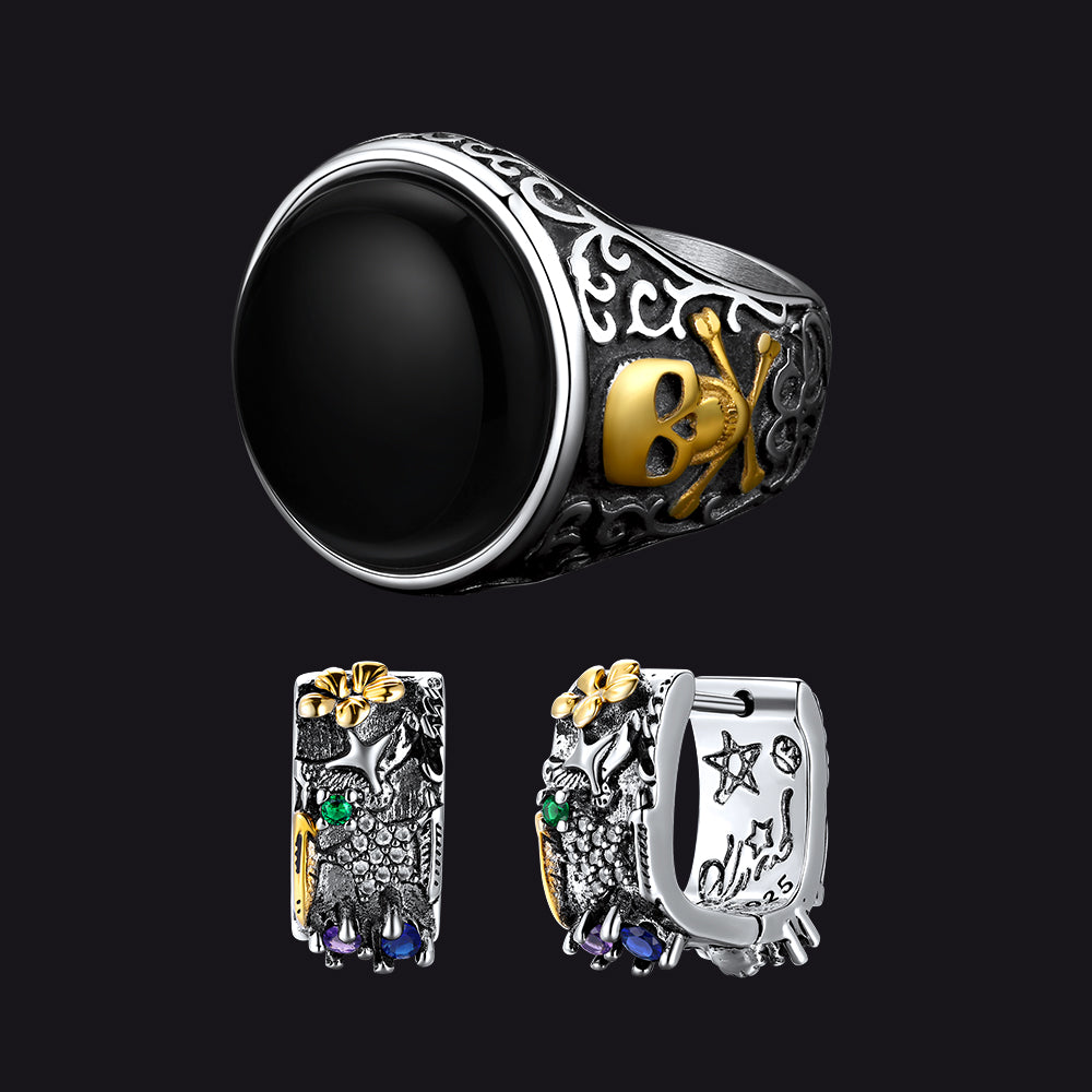 Black Onyx Skull Signet Ring & Graffiti Joker Star Earring Jewelry Set For Men