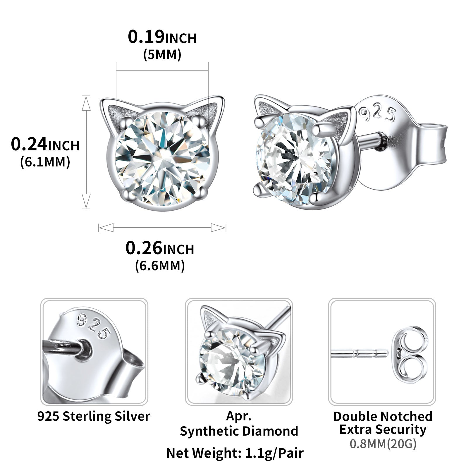 Silver Birthstone Cat Stud Earrings for Women Cat Lovers