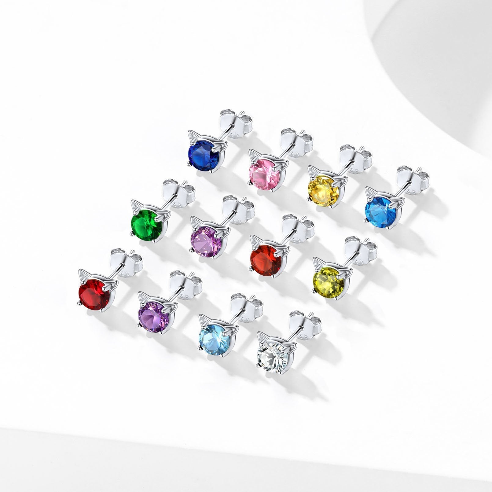 Silver Birthstone Cat Stud Earrings for Women Cat Lovers