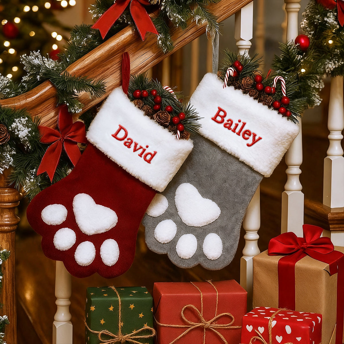 Personalized Paw Christmas Stocking with Name, Holiday Dog & Cat Stocking Gift