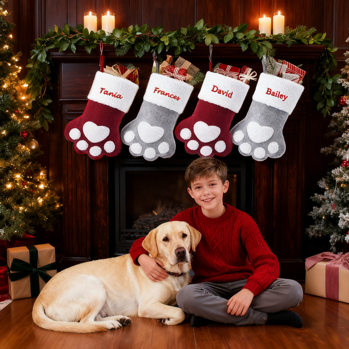 Personalized Paw Christmas Stocking with Name, Holiday Dog & Cat Stocking Gift
