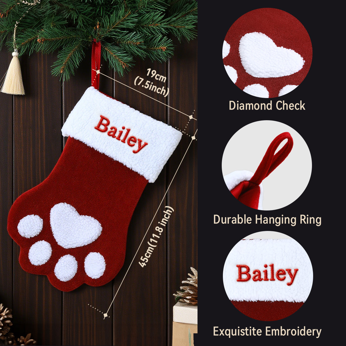 Personalized Paw Christmas Stocking with Name, Holiday Dog & Cat Stocking Gift