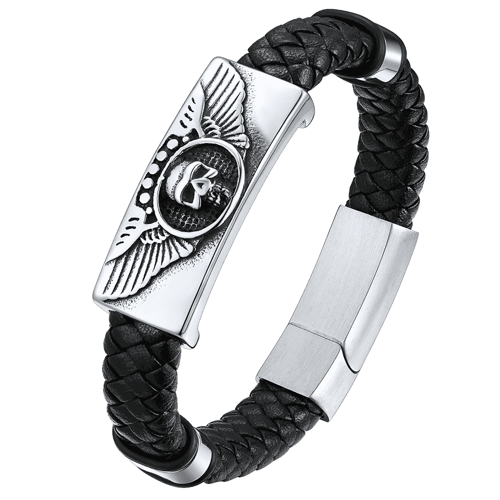 Black Braided Leather Bracelet Cuff with Skull Wing for Men Son