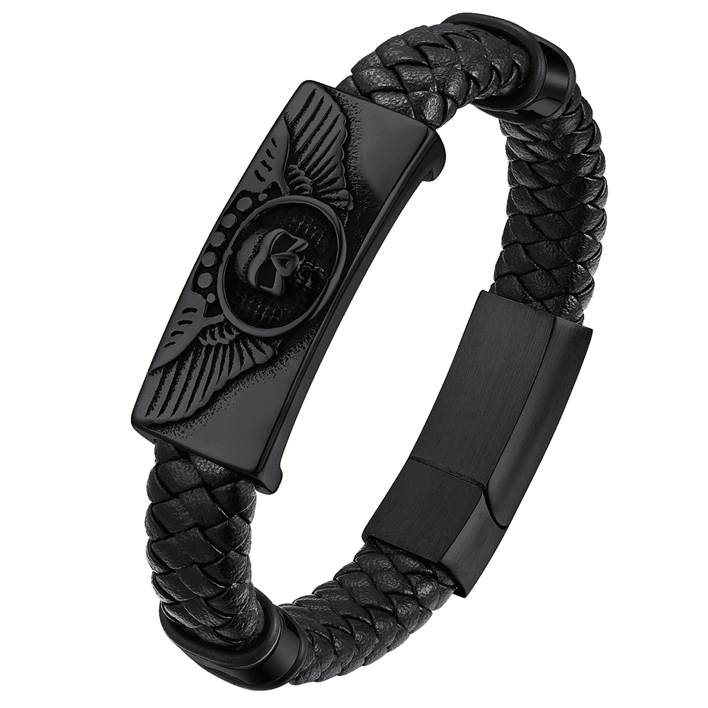 Black Braided Leather Bracelet Cuff with Skull Wing for Men Son
