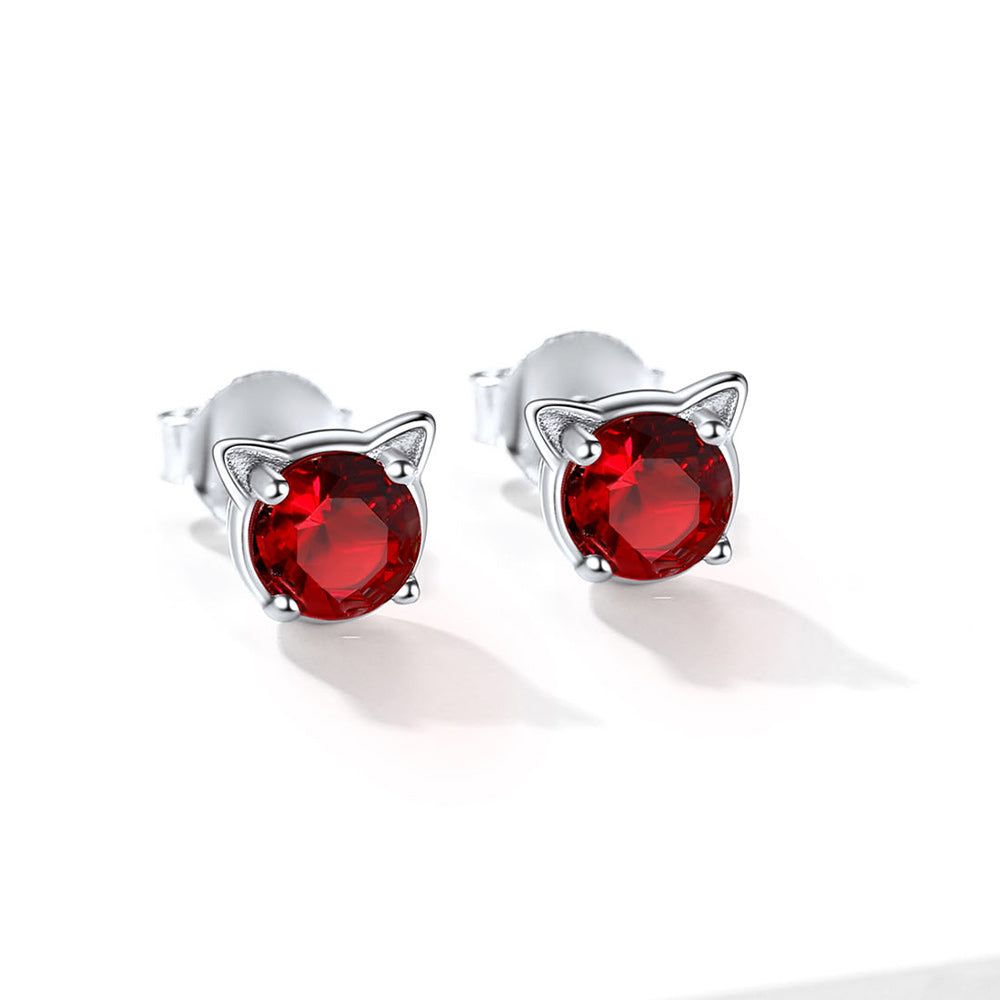 Silver Birthstone Cat Stud Earrings for Women Cat Lovers