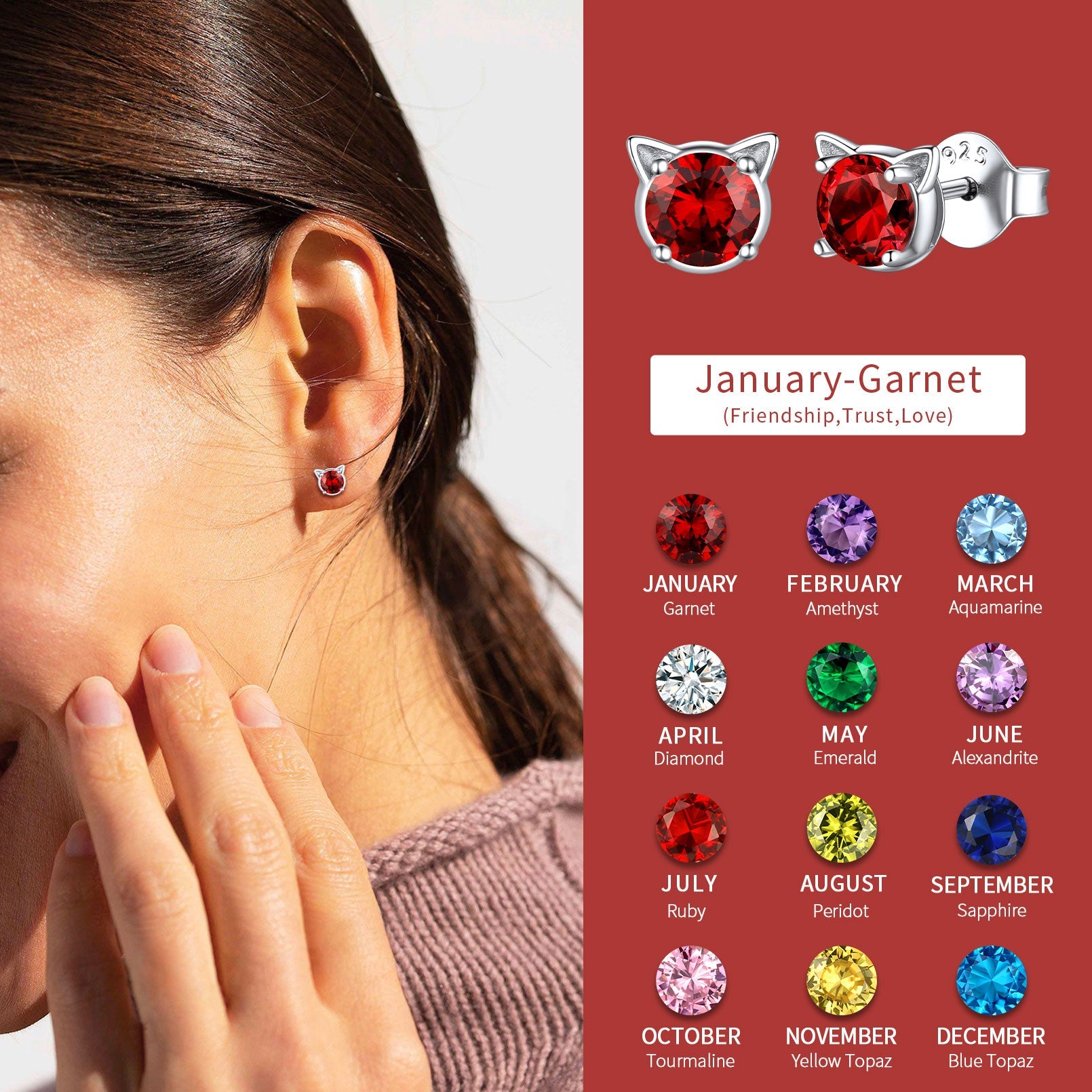 Silver Birthstone Cat Stud Earrings for Women Cat Lovers