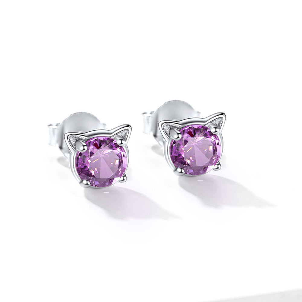 Silver Birthstone Cat Stud Earrings for Women Cat Lovers