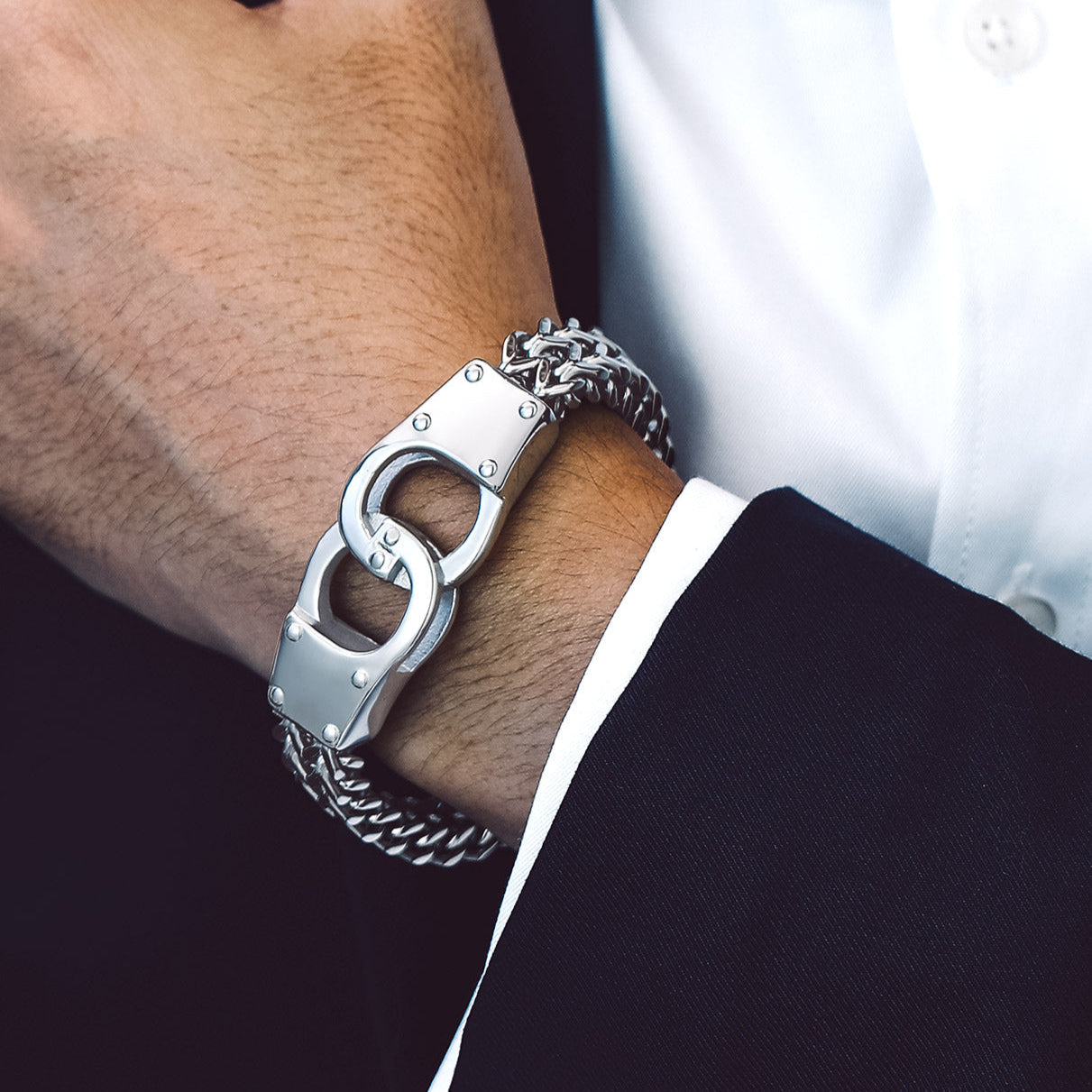Handcuffs Chain Bracelet For Men with Celtic Knot in Stainless Steel