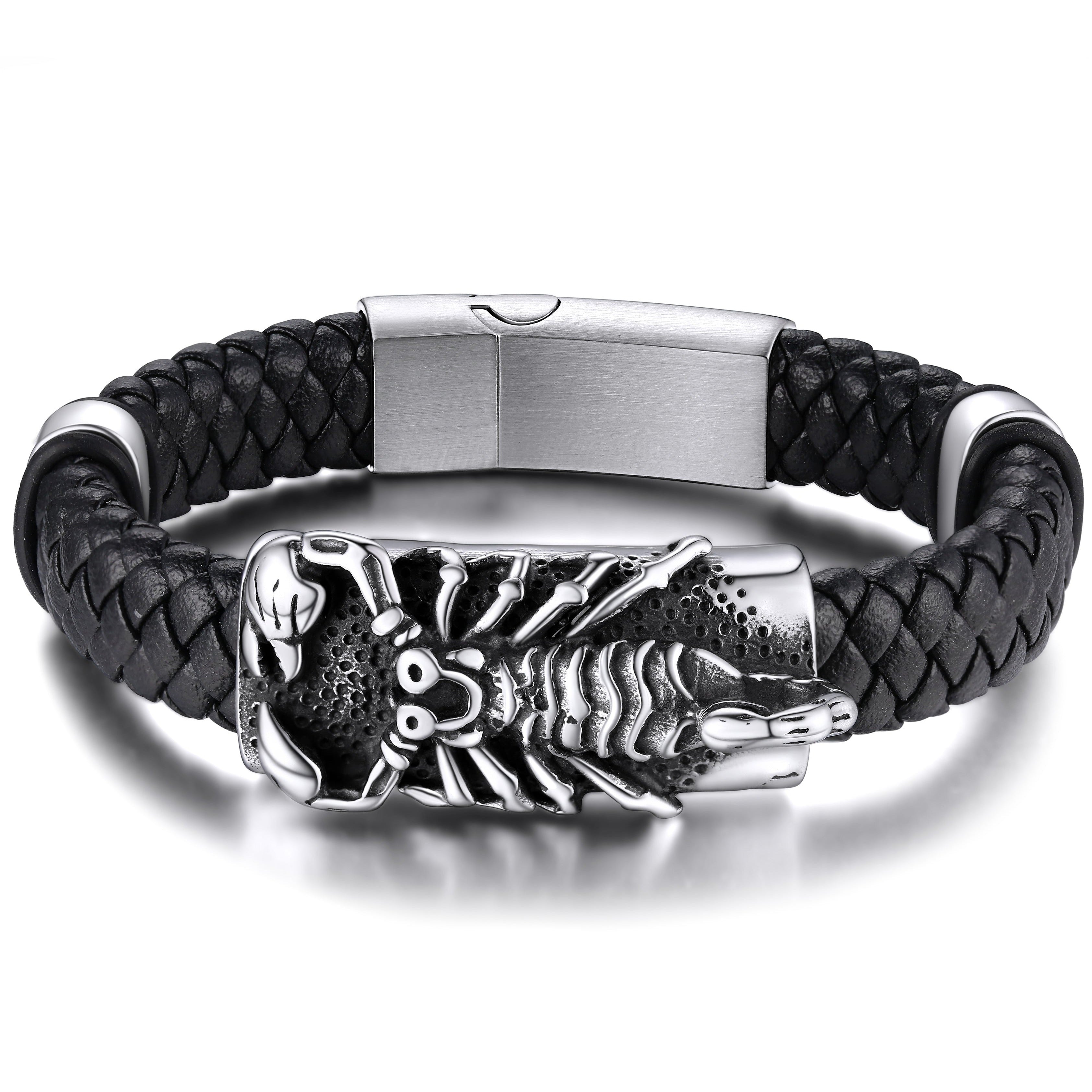 Punk Scorpion Black Braided Leather Bracelet Bangle Gift for Men Son Grandson